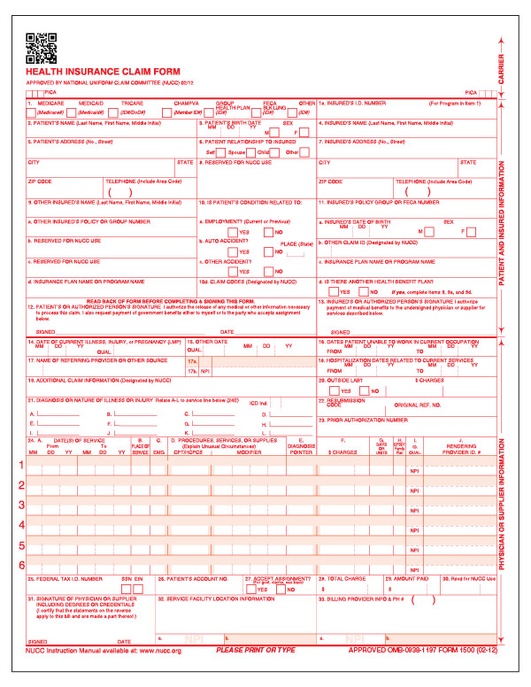 Blank CMS 1500 Form Health Insurance Claim Form HCFA 1500 Blank MMPrint