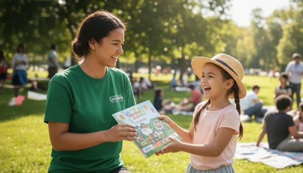 Custom children’s book printing featured at outdoor community event with adult handing illustrated book to smiling child in park