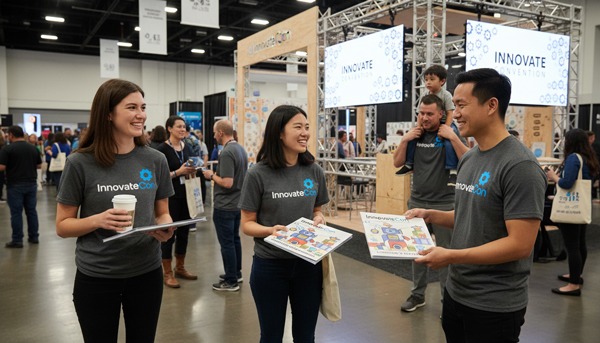 Custom coloring books for event handouts at trade show with team distributing branded coloring books at conference booth