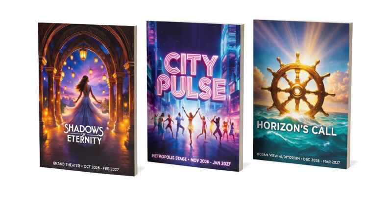 Custom theater program printing with modern playbill designs for stage productions featuring vibrant cover artwork and show titles