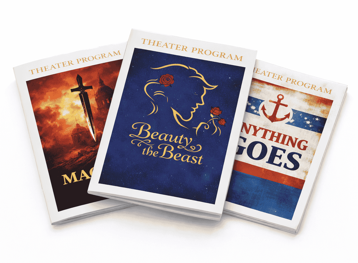 Custom theater program printing featuring playbill booklet set with Macbeth, Beauty and the Beast, and Anything Goes cover designs