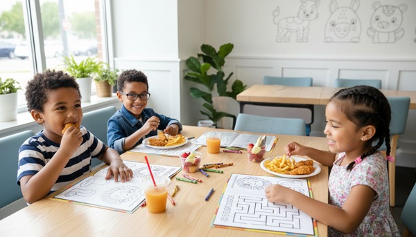 Kids using custom coloring placemats printing while eating and coloring with crayons at table in family-friendly restaurant setting