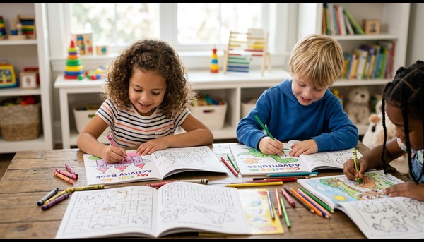 Kids using custom coloring book printing with children’s activity books and kids coloring book printing in classroom setting with crayons and colored pencils
