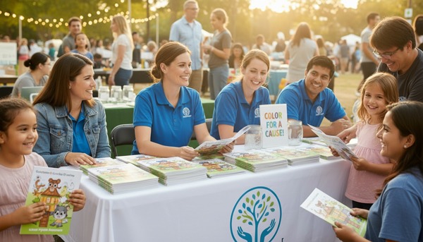 Nonprofit fundraiser using custom coloring books to raise awareness with volunteers distributing books to families at community event