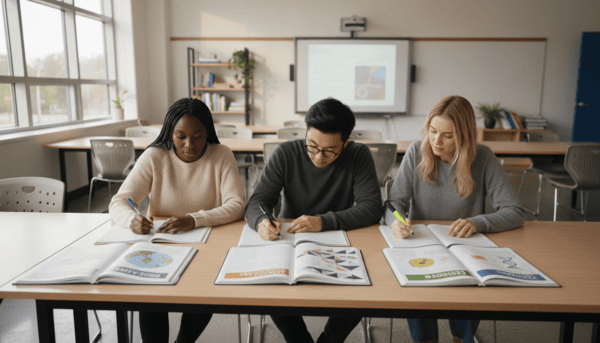 Students using custom workbook printing and educational books in classroom setting while writing and studying at desks