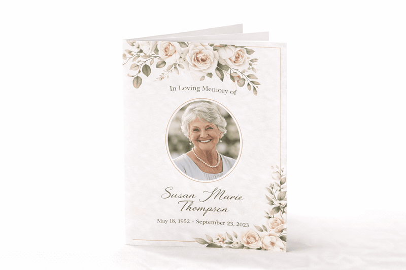 Memorial funeral program printing with elegant custom booklet featuring floral design and tribute photo