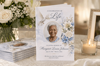 Celebration of life program printing with elegant memorial booklet featuring floral design, portrait photo, and candle display