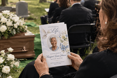 Celebration of life program printing with memorial booklet held by attendee at outdoor funeral service beside casket and floral arrangements