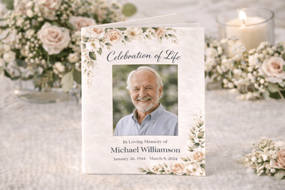 Celebration of life program printing with memorial booklet featuring floral design and tribute photo displayed at service