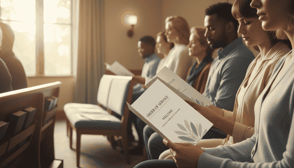 Church service program printing with attendees holding printed order of service booklets during ceremony