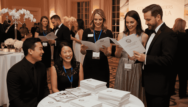 Corporate event program printing with attendees reading gala booklets at formal networking event