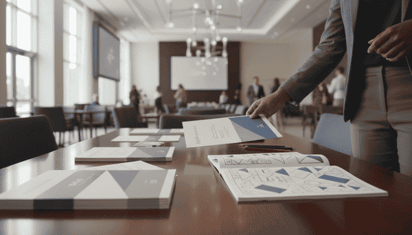 Custom business report printing with conference materials and booklets arranged on meeting table in corporate event setting