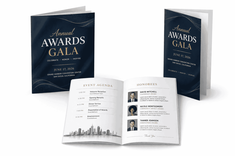 Custom event program printing for awards gala with elegant booklet design showing agenda and honorees pages