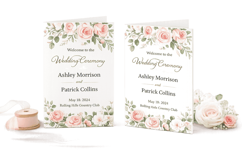 Custom wedding program printing with floral booklet designs, featuring elegant rose artwork and personalized ceremony details