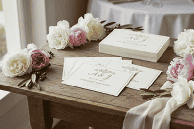 Elopement and microwedding program printing with minimalist ceremony cards displayed on rustic table with floral accents