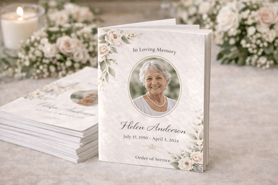 Funeral home program printing with stack of professionally printed memorial booklets featuring floral design and tribute photo