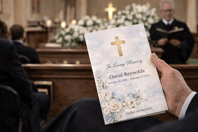 Funeral program printing with order of service booklet held during church ceremony featuring cross design and floral accents
