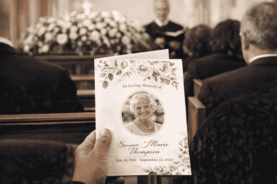 Funeral program printing with memorial service booklet held during ceremony featuring floral tribute design and photo