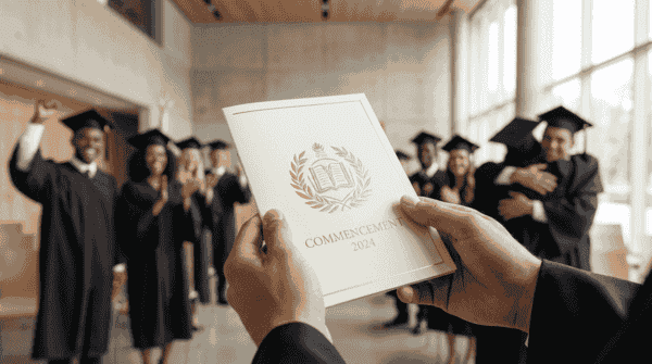 Graduation program printing with elegant commencement booklet featuring gold foil design held by graduate with celebrating class in background