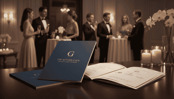 Luxury gala program printing with elegant event booklet displayed on table at formal evening reception