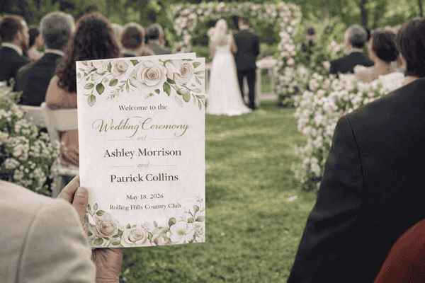 Outdoor and garden wedding program printing with floral ceremony booklet held by guest during outdoor wedding ceremony