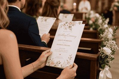 Printed wedding ceremony programs in church with guests holding floral program booklets during formal ceremony