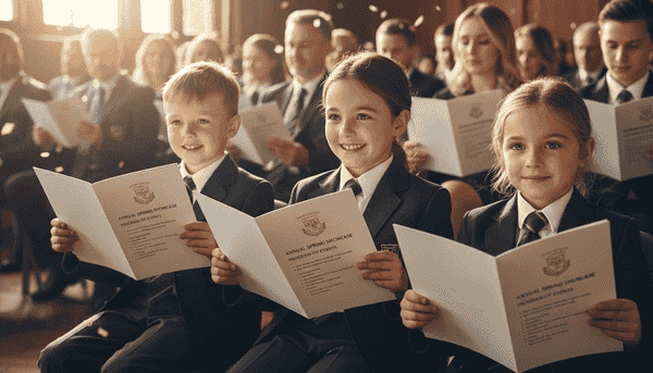 School ceremony program printing with students holding printed booklets during formal event in auditorium