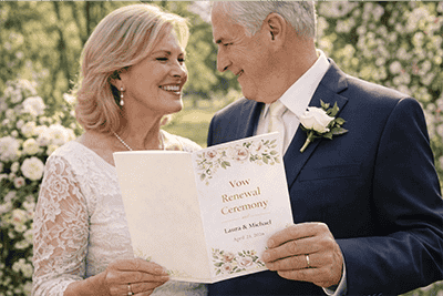 Custom program printing for vow renewals and anniversary events with couple holding floral ceremony booklet outdoors