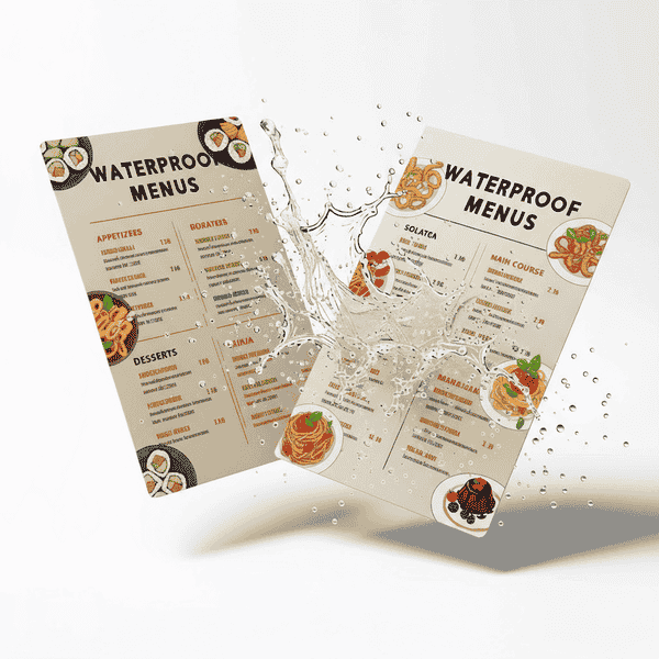 Waterproof menu printing with durable restaurant menus resisting water splash, featuring food illustrations and menu items