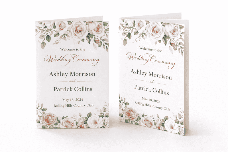 Wedding ceremony program printing with elegant floral booklet design featuring custom names and event details