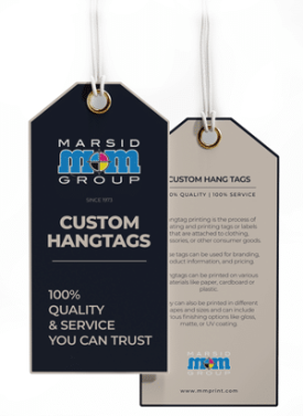 Various custom die-cut hang tags in different shapes and sizes, displaying different designs and branding elements. The tags are made of paper or plastic, and have a string attached for easy attachment to products